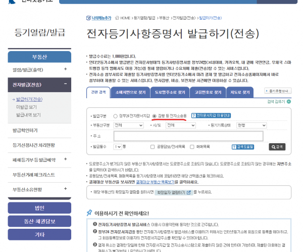 부동산등기 발급구분 선택 전자소송용